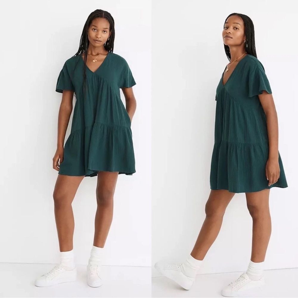 Madewell Lightspun Popover Tiered Mini Dress in Teal Gauzy Dress Medium